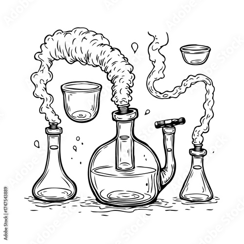 Elaborate illustration featuring complex glassware with ethereal wisps in a monochromatic style