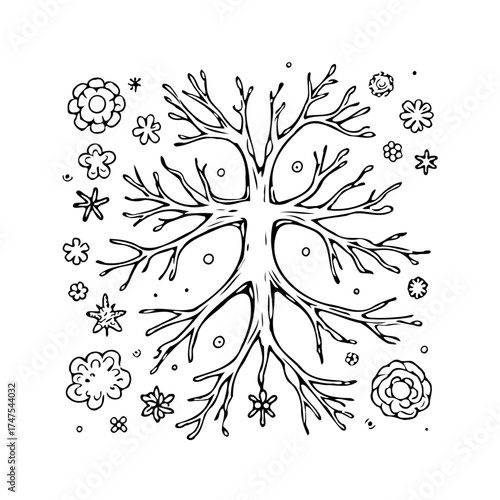 Elegant botanical illustration featuring a stylized bare tree surrounded by assorted floral