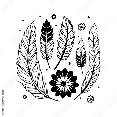 Elegant feathered arrangement featuring delicate floral elements in a minimalistic line art design