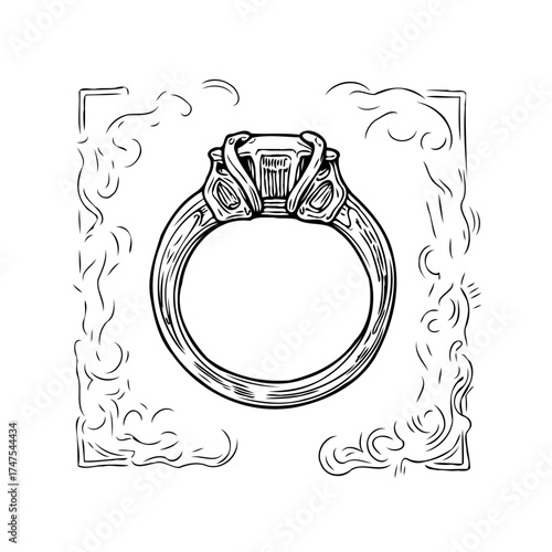 Elegant hand drawn engagement ring sketch with vintage frame ideal for celebration graphic