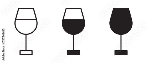 Wine glasses icons set. with different levels of wine isolated on white background.