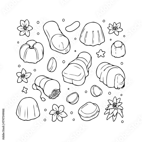 Elegant hand drawn sketch showcasing an assortment of sophisticated chocolate candies and delicate
