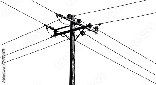 Detailed black and white vector illustration of wooden electric power pole with multiple transmission lines, electricity distribution and energy infrastructure design