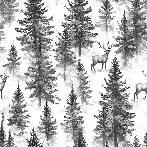Misty forest with majestic deer