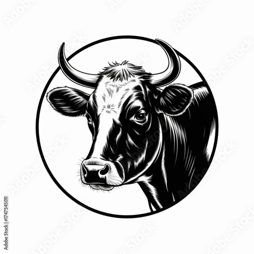 Cow Icon: This eye-catching black and white illustration of a cow's head, a symbol of strength and rustic charm, perfect for design projects with themes of agriculture or country life. 