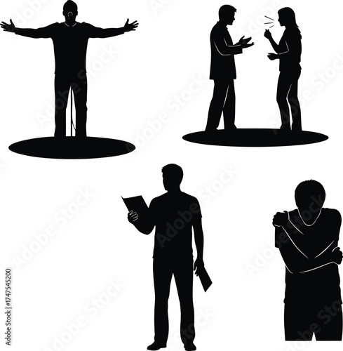 People Silhouettes in Emotional and Expressive Poses – Communication and Reaction Vector Set