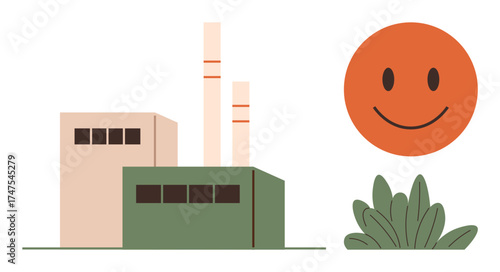 Factory buildings with smokestacks beside lush greenery and a smiling orange sun. Ideal for sustainability, eco-friendliness, clean energy, environmental care, corporate responsibility, green