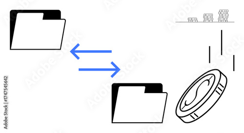 File folders exchanging data, coins falling signifying payment or finance. Ideal for business, finance, file sharing, cryptocurrency, transaction, digital economy data exchange. Simple flat metaphor