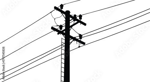 Detailed silhouette of electric power pole with cables and ladder, high voltage utility post vector illustration, black and white energy infrastructure background