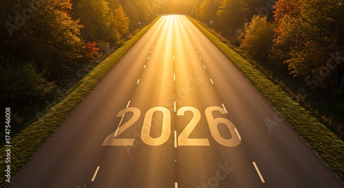 bright road to 2026 with golden sunlight through autumn forest, symbolizing hope, progress, and new beginnings.