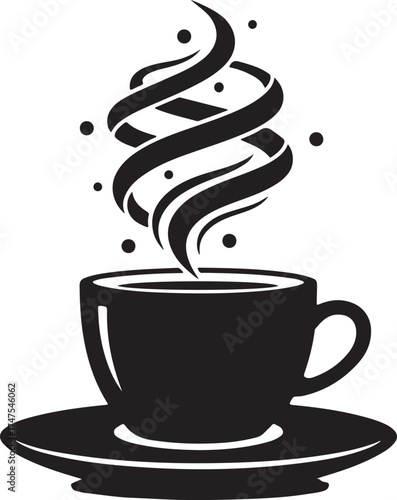 Hot Coffee Cup Silhouette with Swirling Steam and Aroma Dots