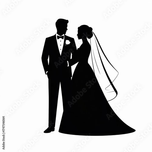 Silhouetted Wedding: A sophisticated silhouette captures the tender intimacy of a wedding couple, the bride and groom, poised in an affectionate moment before the ceremony. 