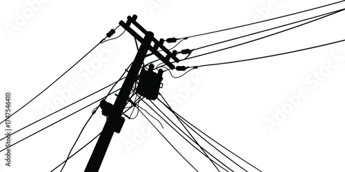Electric power distribution pole with multiple cables and transformer, detailed black and white silhouette vector illustration for infrastructure, industry, energy, and technology concepts.