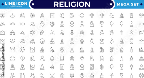 Religion outline icon collection. Includes church, bible, cross, prayer, dove, angel, faith, and worship symbols. Modern spiritual and religious icons for culture. Editable stroke outline icon.