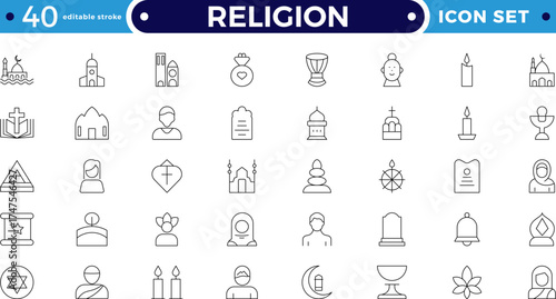 Religion outline icon collection. Includes church, bible, cross, prayer, dove, angel, faith, and worship symbols. Modern spiritual and religious icons for culture. Editable stroke outline icon.