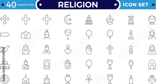 Religion outline icon collection. Includes church, bible, cross, prayer, dove, angel, faith, and worship symbols. Modern spiritual and religious icons for culture. Editable stroke outline icon.