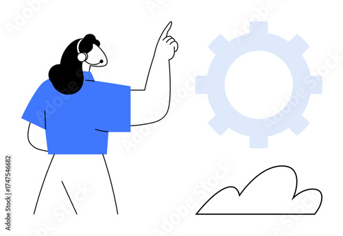 Woman with headset gesturing toward a gear icon above a cloud. Ideal for customer service, technical support, IT solutions, guidance, troubleshooting, communication, teamwork. Simple flat metaphor