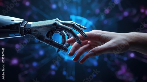A robot hand reaching towards a human hand against a futuristic background with blue and purple lights