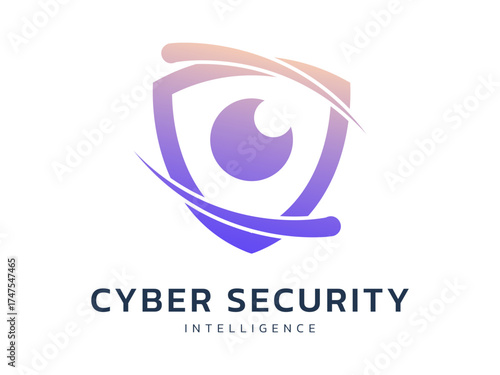 Cyber security intelligence with robot eye scanner data protection and overlapping network lines in shield symbols logo vector design concept. Abstract shield security icon logotype for ID ui, web.