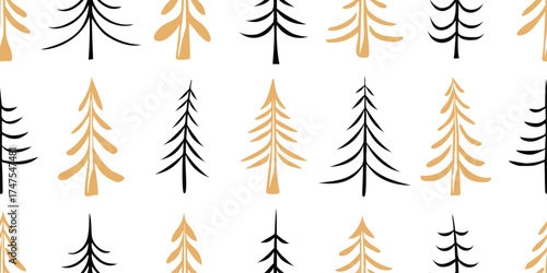 Seamless pattern of trees, winter holiday background, hand drawing, vector design