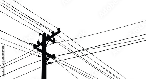 Electric power pole with multiple overhead cables silhouette, urban electricity distribution infrastructure illustration, energy transmission network, utility connection and power supply vector design