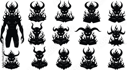 Flaming demon silhouette icons with horns set,Collection of black demon silhouettes with flaming details and various horn styles, ideal for fantasy, horror, or tattoo designs.


