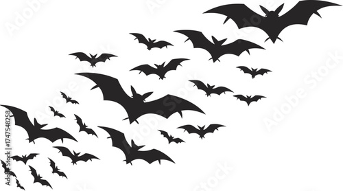 Flying bat silhouettes vector for Halloween design,Group of black bat silhouettes in flight, arranged diagonally, commonly used for Halloween decorations, spooky themes, or vector art.

