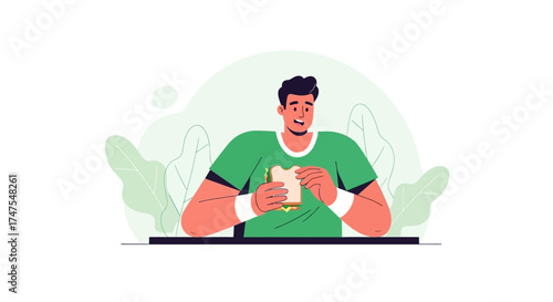 Man holding a sandwich eating, lifestyle illustration with nature background flat style