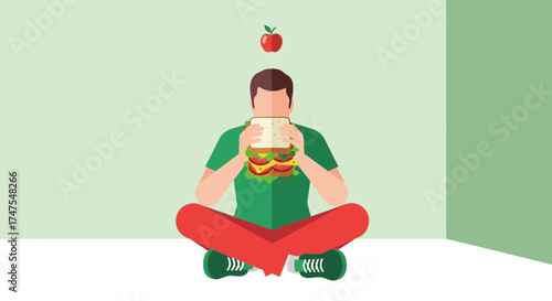 Man holding a sandwich and apple in vector style sitting on the floor with legs crossed