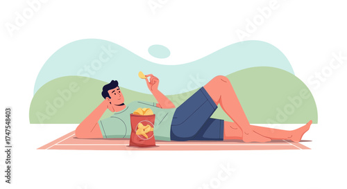 Man Relaxing Outdoors While Enjoying Chips, Perfect For Lifestyle Content And Recreation
