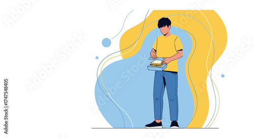 Man in casual clothes opening a sandwich box with a colorful abstract background