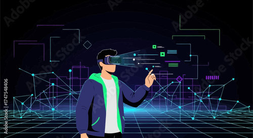 Man Immersed Experience In Metaverse Interacting With Digital Network And Universe