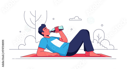 Man Relaxing Outdoors, Savoring Beverage While Reclining with Leisure and Enjoyment