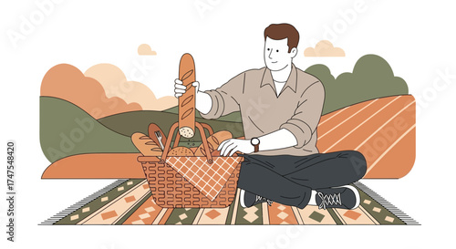 Man Relaxing Outdoors With Picnic Basket Against a Colorful Landscape Setting