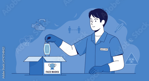 Man in safety gear packaging face masks medical supplies protection concept vector illustration