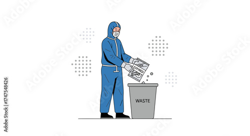 Man In Protective Suit Disposing Expired Items In A Waste Bin For Disposal