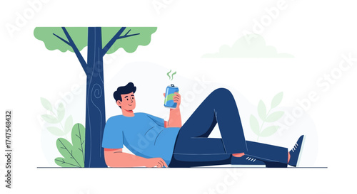 Man Relaxing Under Tree Drinking Beverage Enjoying Peaceful Moment Outdoors