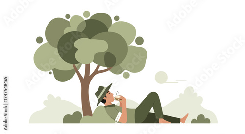 Man Relaxing Under Tree While Eating, Enjoying Moment in Nature's Embrace