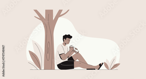 Man Relaxing Underneath a Tree While Enjoying a Meal Against a Beige Background