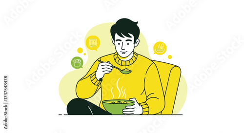 Man Relishes Savory Meal, Embracing Culinary Joy And Dietary Wellness In Vector Illustration