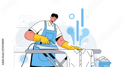 Man ironing a shirt, laundry and housework concept illustration flat design style