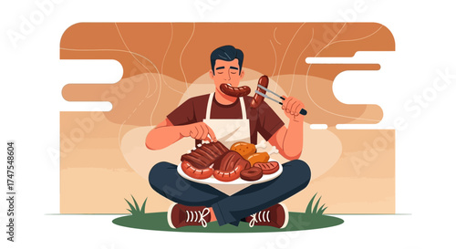 Man Savoring Grilled Meats While Enjoying a Casual Outdoor Barbecue Experience