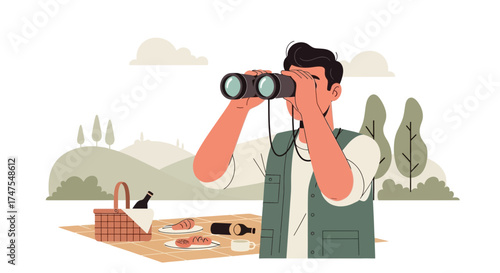 Man Observing Nature During Picnic with Binoculars in Scenic Outdoor Landscape