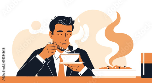Man Savoring Delicious Broth in a Refined Environment, Indulging in Culinary Delight