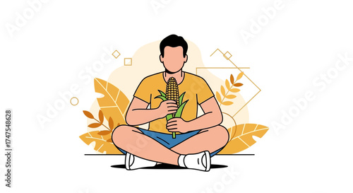 Man Meditates While Holding Maize in A Peaceful Embrace of Nature