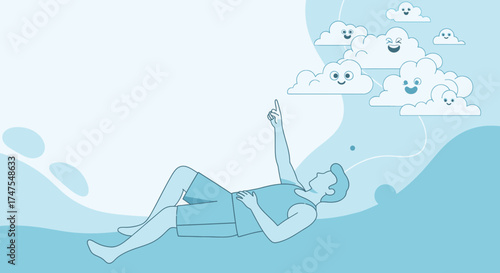 Man Lying and Pointing at Clouds, Daydreaming, Relaxing in a Blue Abstract Illustration