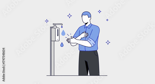 Man Sanitizing Hands At Dispenser Maintaining Hygiene and Prevent Disease Spread