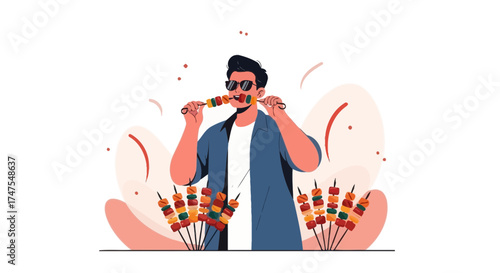 Man Savoring Delicious Skewers: A Culinary Delight and Summer Grilling Experience