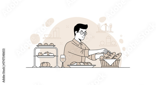 Man selecting bread for breakfast vector illustration with food lifestyle design