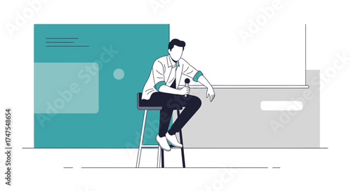 Man on a stool holding a microphone vector illustration for presentation or interview